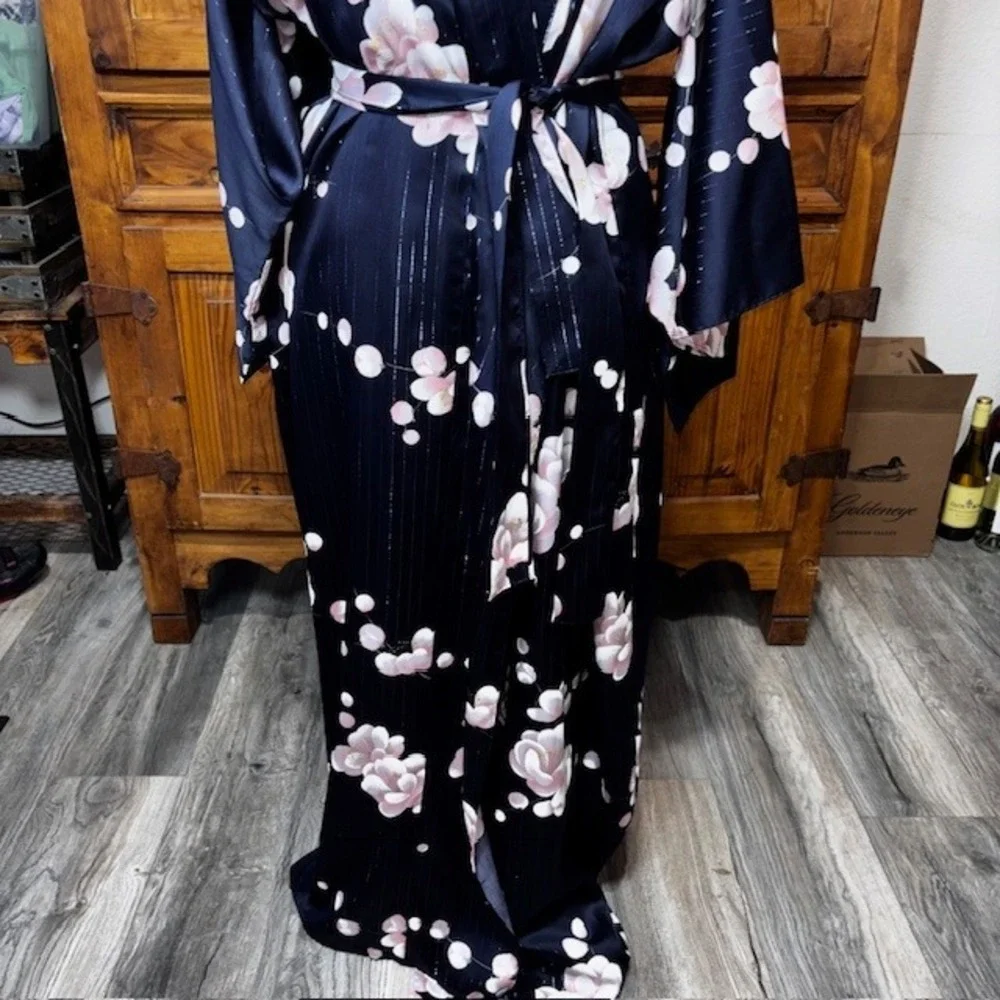 Ichiban Japanese Kimono Robe Navy Blue Pink Floral Cherry Blossom Metallic Japan